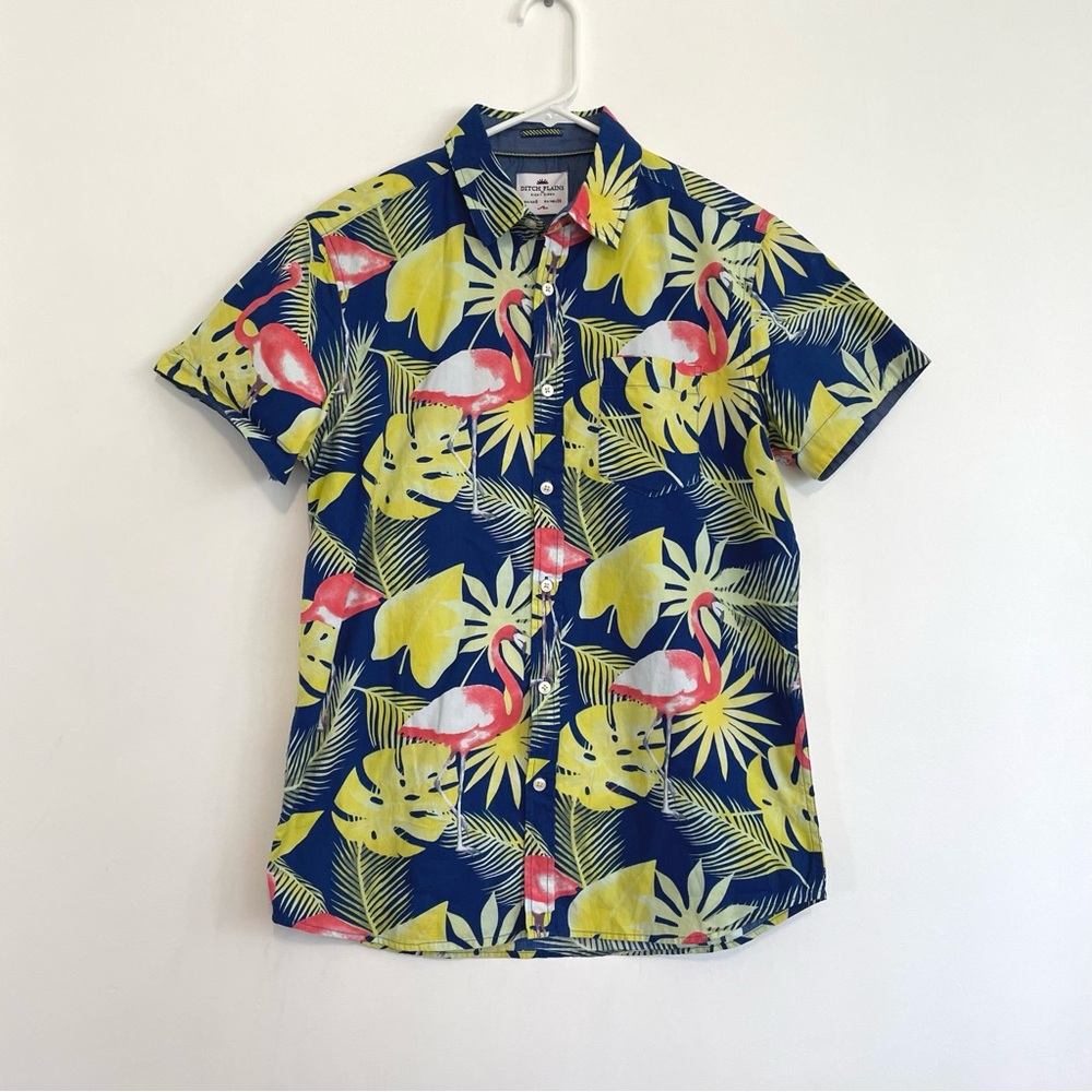 DITCH PLAINS BY RICKY SINGH Mens Blue Floral Flamingo Hawaiian Button Down Shirt